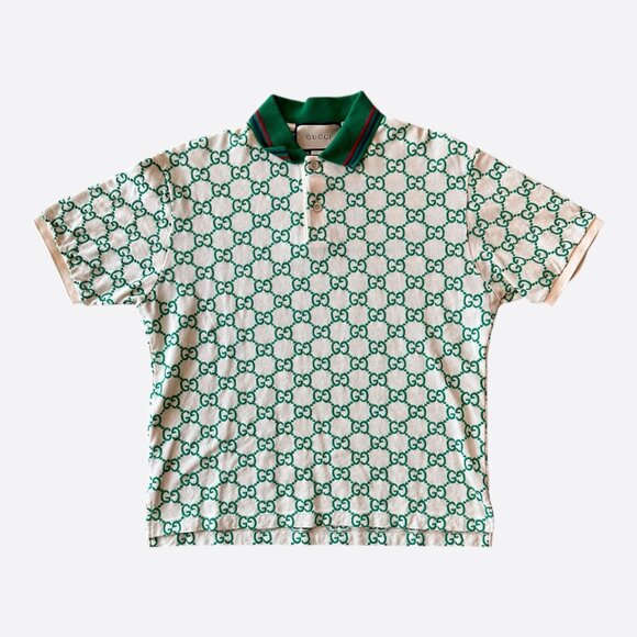 Gucci White & Green GG Monogram Polo T-Shirt - Picture 1 of 3